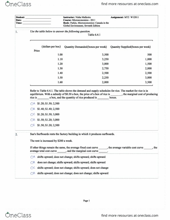 ECON 101 Midterm: ECON101 Midterm 2 2011 Solutions - OneClass