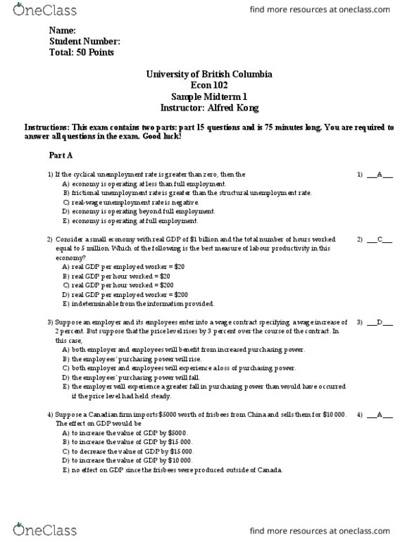 ECON 102 Midterm: ECON 102 Midterm 1 With Solutions - OneClass