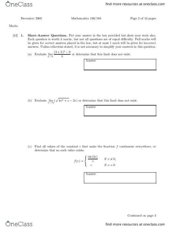 Study Guides for MATH 100 at University of British Columbia (UBC