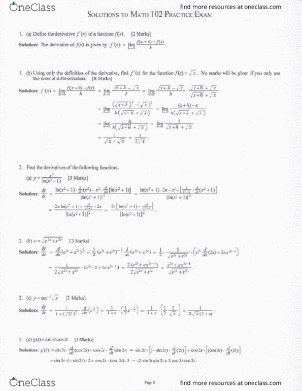 MATH 102 Final: MATH102 Final Exam Solutions Practice - OneClass