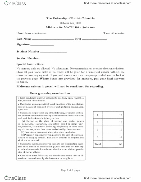 MATH 104 Midterm: MATH104 Exam Midterm 1 2017 Winter - OneClass