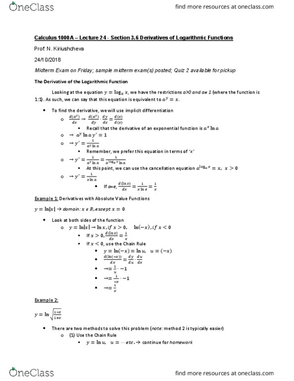Calculus 1000A/B Lecture 24: Calculus 1000 A -Lecture 24- Section 3.6 Derivatives of Logarithmic Functions cover image
