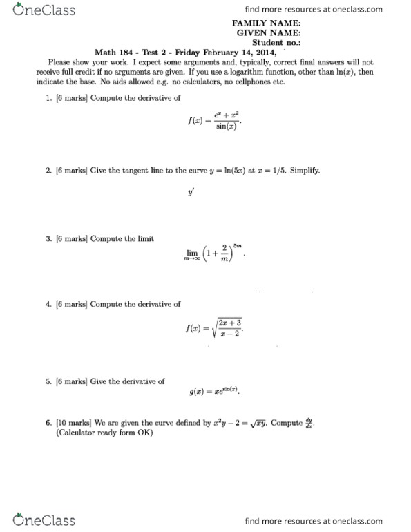 MATH 184 Midterm: MATH184 Test 2 2014 Winter - OneClass