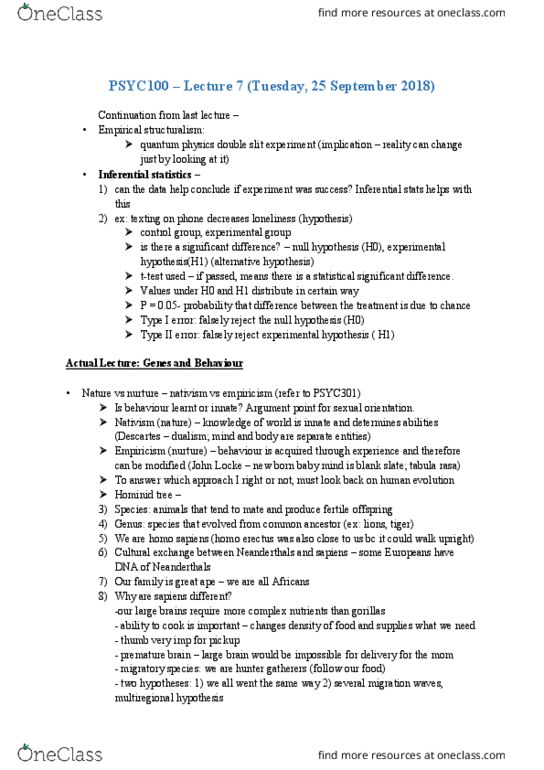 PSYC 100 Lecture Notes - Lecture 7: Double-Slit Experiment, Homo Sapiens, Type I And Type Ii Errors cover image