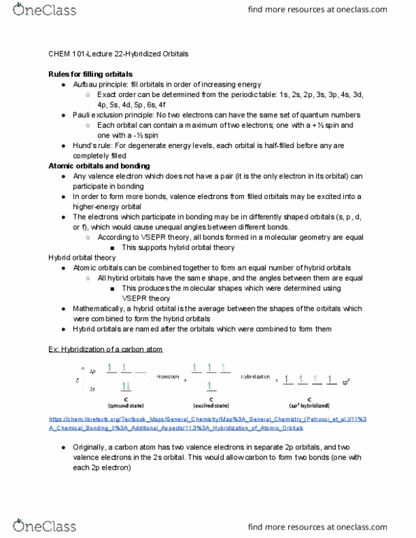 CHEM 101 Lecture Notes - Lecture 22: Pauli Exclusion Principle, Valence Electron, Vsepr Theory thumbnail