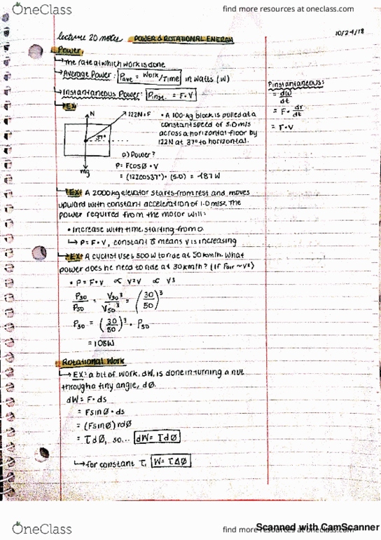 PHYSICS 1D03 Lecture 23: PHYSICS 1D03 -Lecture 20 - Power & Rotational Energy cover image