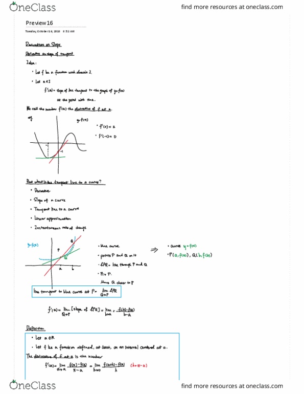 MAT137Y1 Chapter 3.1-3.3: Alfonso Video Notes: Derivative as slope thumbnail