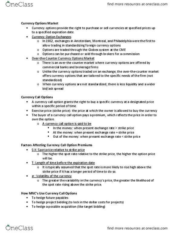 FIN 3604 Lecture Notes - Lecture 9: Foreign Exchange Option, Strike Price, Call Option thumbnail