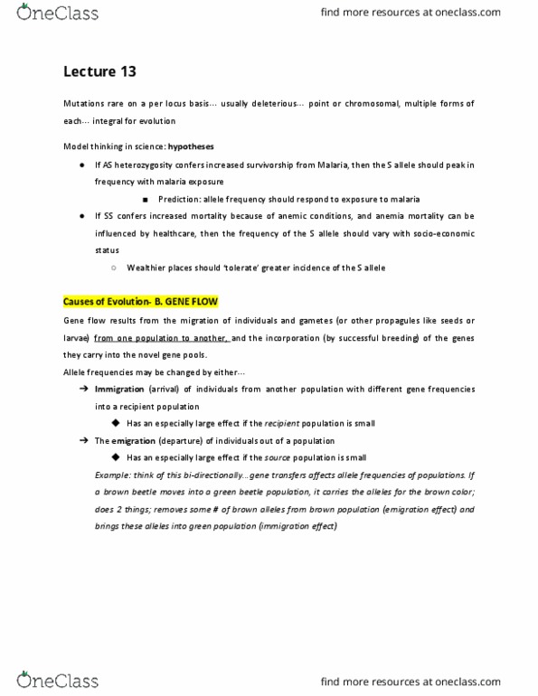 BIS 2B Lecture Notes - Lecture 13: Allele Frequency, Gene Flow, Malaria cover image