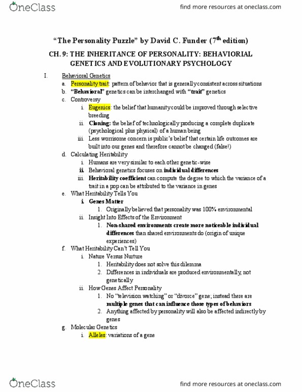 PSC 162 Chapter Notes - Chapter 9: Behavioural Genetics, Heritability, Trait Theory thumbnail