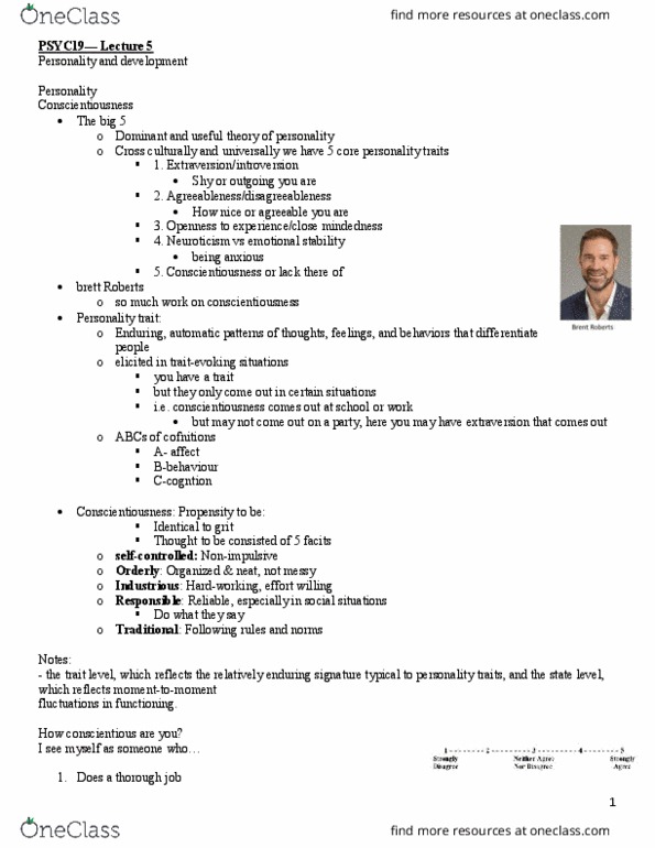 PSYC19H3 Lecture Notes - Lecture 5: Conscientiousness, Trait Theory, Extraversion And Introversion thumbnail