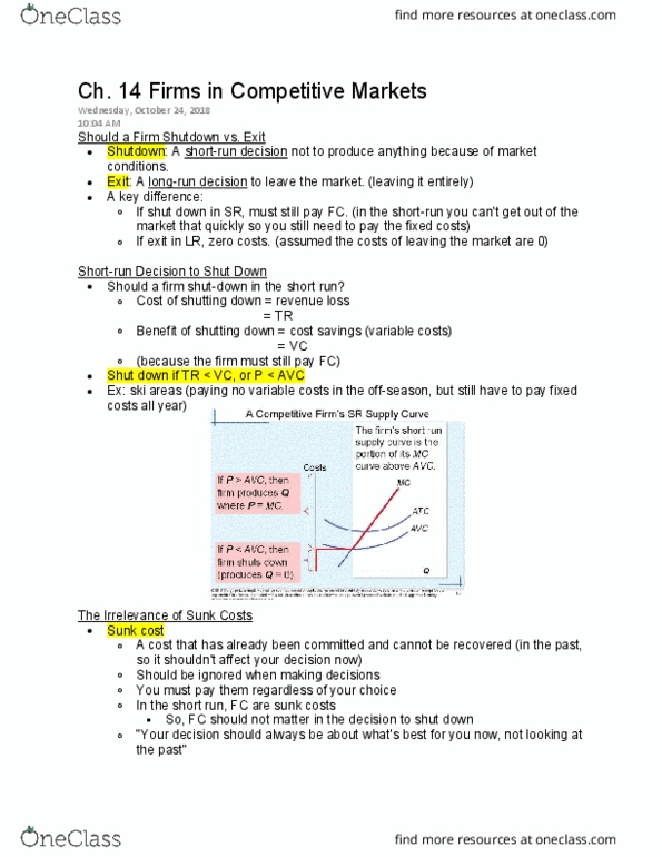 ECON 2010 Lecture Notes - Lecture 26: Sunk Costs, Perfect Competition, Market Power cover image