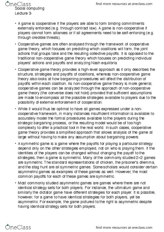 300961 Lecture Notes - Lecture 3: Non-Cooperative Game Theory, Cooperative Game Theory, Symmetric Game thumbnail