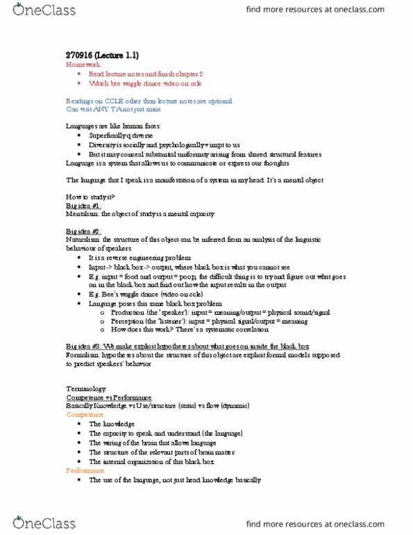 LING 1 Lecture Notes - Lecture 2: Waggle Dance, Reverse Engineering, Universal Grammar thumbnail