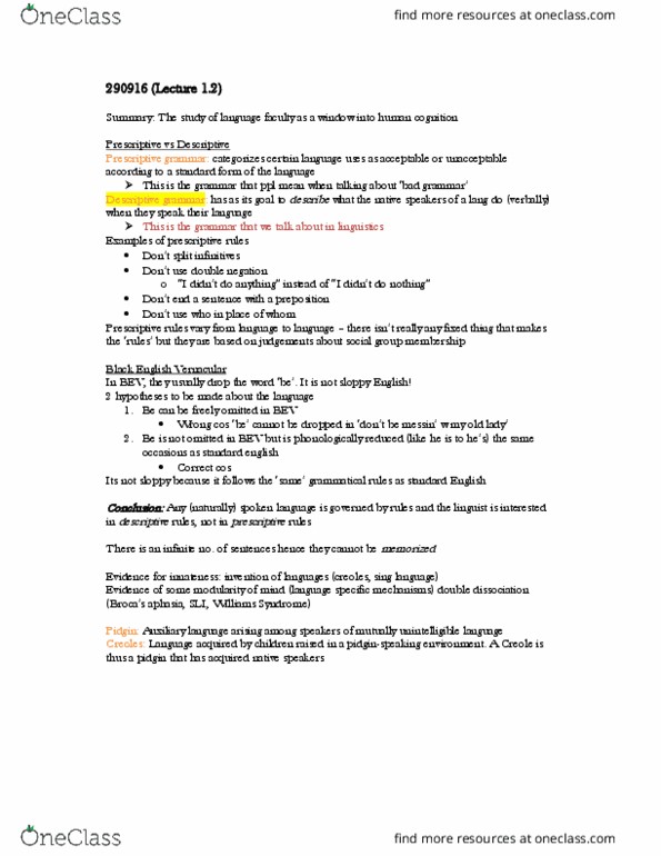LING 1 Lecture Notes - Lecture 3: Linguistic Prescription, International Auxiliary Language, Williams Syndrome thumbnail