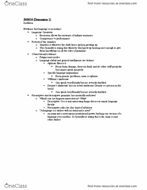 LING 1 Lecture Notes - Lecture 4: Language Disorder, Aphasia thumbnail