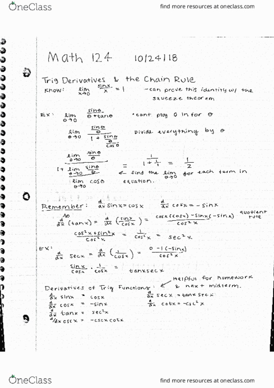 MATH 124 Lecture 13: MATH 124 Lecture 11: 10.24: Trig Derivatives and the Chain Rule cover image