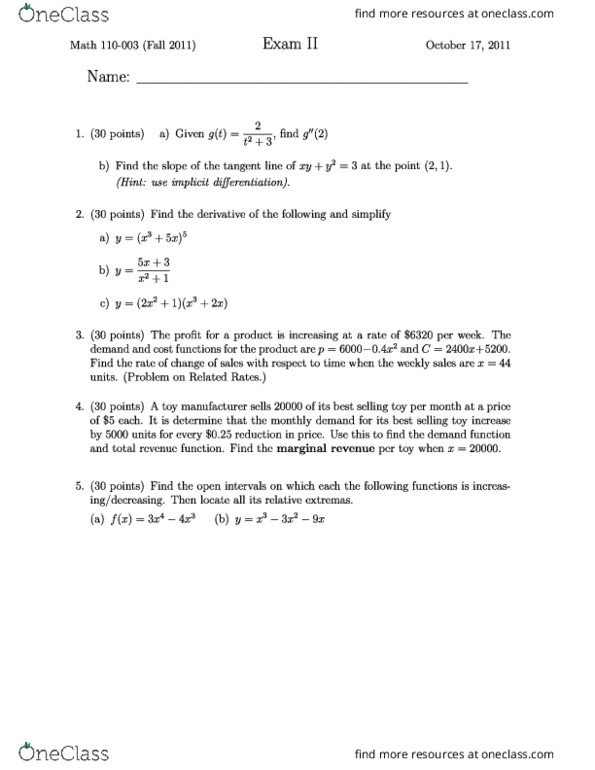 MATH 110 Midterm: MATH110 Term Test 2 2011 Fall Version 2 - OneClass