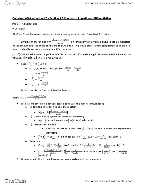 Calculus 1000A/B Lecture Notes - Lecture 25: Logarithmic Differentiation, Logarithmic Derivative, Quotient Rule cover image