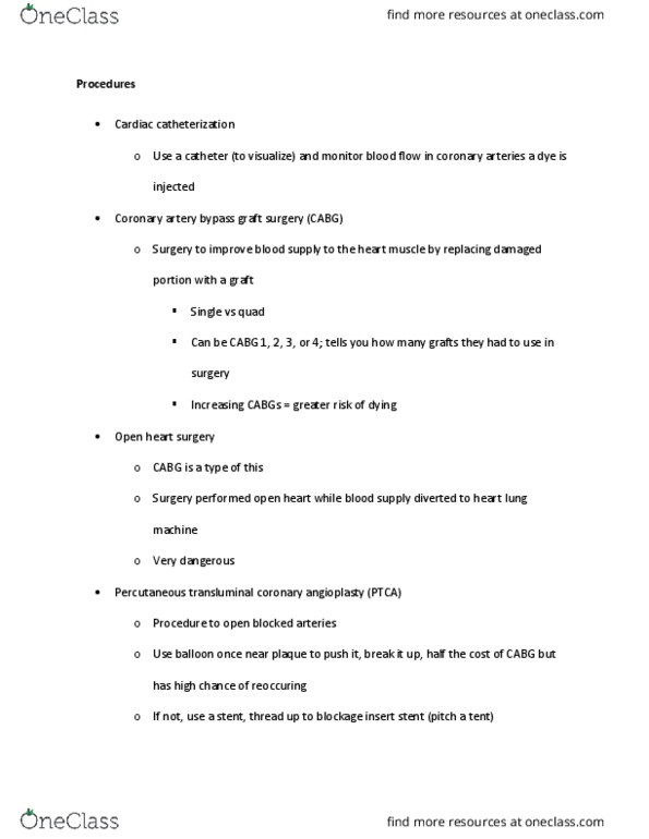 KIN 235 Lecture Notes - Lecture 18: Cardiac Surgery, Cardiopulmonary Bypass, Cardiac Catheterization thumbnail