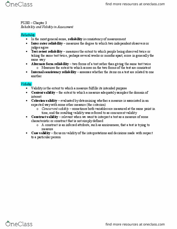 PS280 Chapter Notes - Chapter 3: Concurrent Validity, Criterion Validity, Content Validity thumbnail