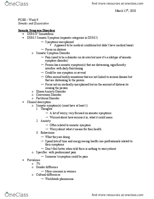 PS280 Lecture Notes - Lecture 9: Somatic Symptom Disorder, Factitious Disorder, Anxiety Disorder thumbnail