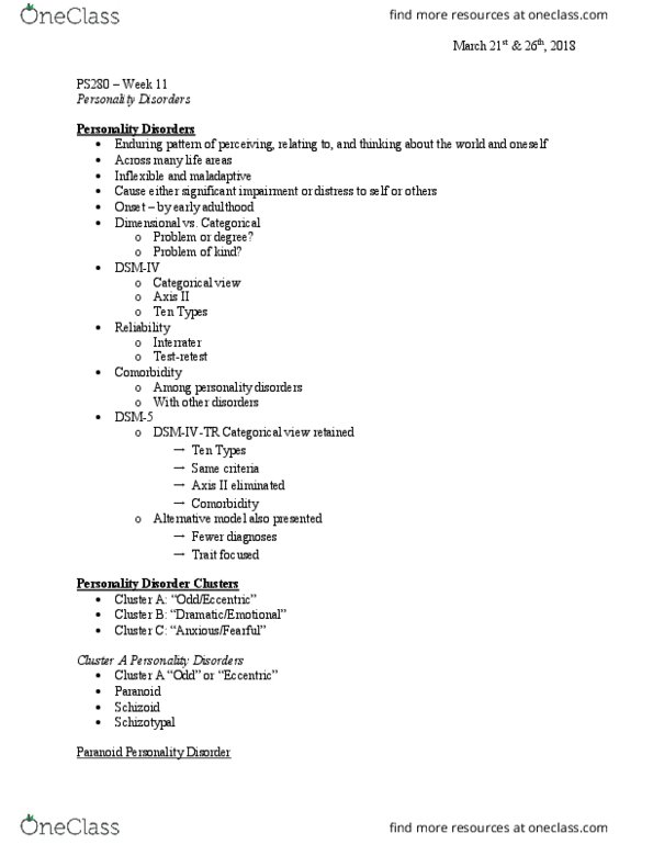PS280 Lecture Notes - Lecture 11: Schizotypal Personality Disorder, Diagnostic And Statistical Manual Of Mental Disorders, Personality Disorder thumbnail