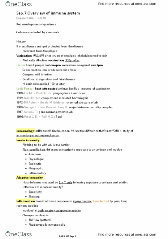 PARA 438 Lecture Notes - Lecture 1: Jean Dausset, Innate Immune System, Cowpox thumbnail