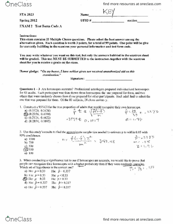 STA 2023 Midterm: STA2023 Exam 2 2012 Spring with Answers - OneClass