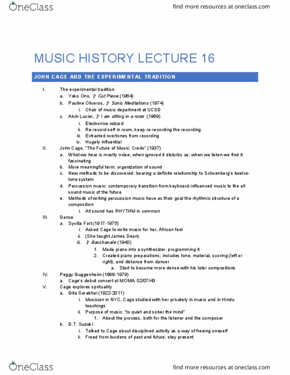 MUSIC 408A Lecture Notes - Lecture 16: Alvin Lucier, Pauline Oliveros, Syvilla Fort thumbnail