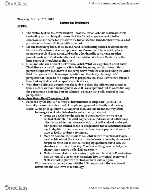 EN 2220 Lecture Notes - Lecture 6: Canadian Literature, Indian Act, Northern Review thumbnail