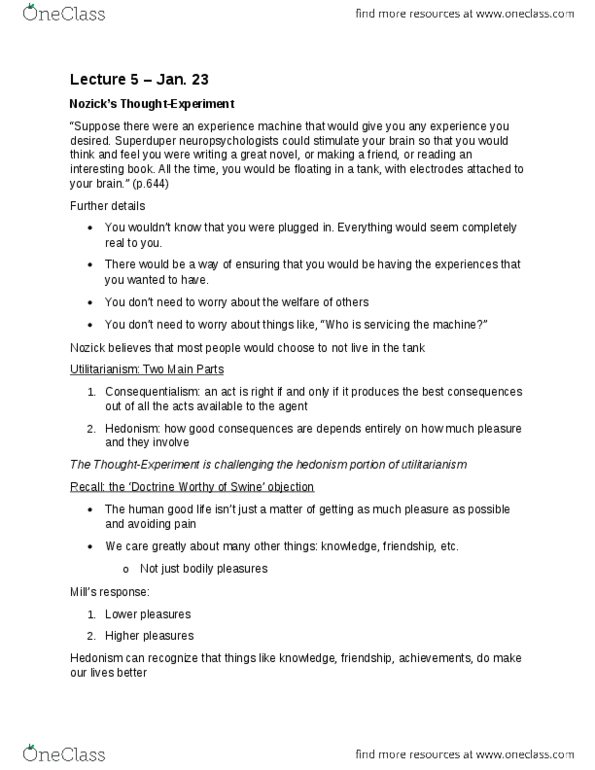 PHLA11H3 Lecture Notes - Lecture 5: Experience Machine, Consequentialism thumbnail