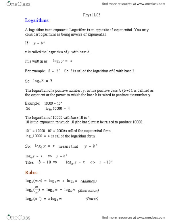 PHYSICS 1L03 Lecture Notes - Logarithm thumbnail