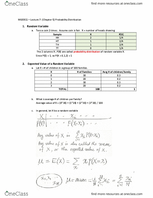 MGEB11H3 Lecture Notes - Lecture 7: Random Variable, Poisson Distribution, Binomial Distribution thumbnail