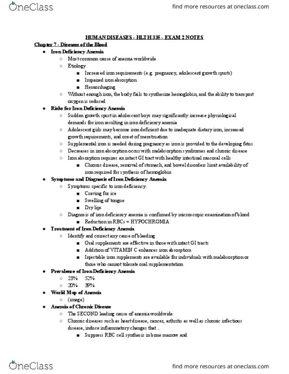 HLTH 335 Lecture Notes - Lecture 21: Iron-Deficiency Anemia, Malabsorption, Hemoglobin thumbnail