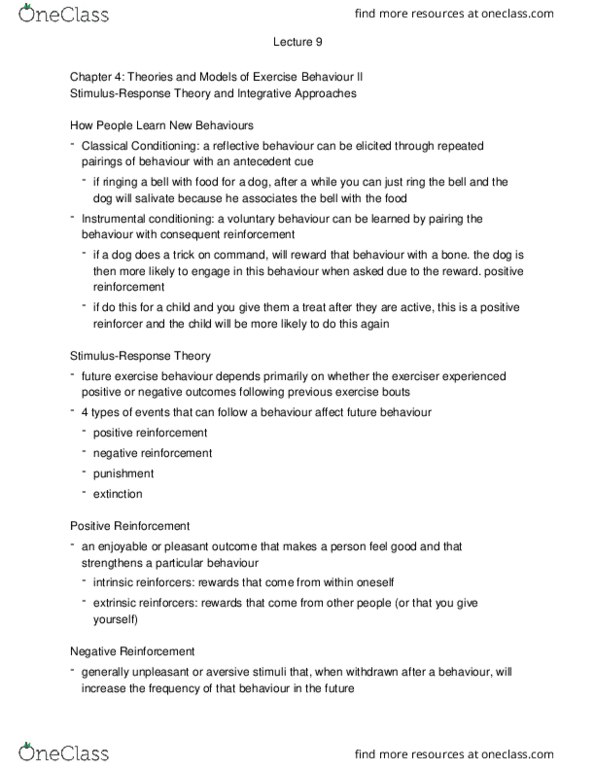 Kinesiology 2276F/G Lecture Notes - Lecture 8: Reinforcement, Classical Conditioning, Cognitive Psychology thumbnail