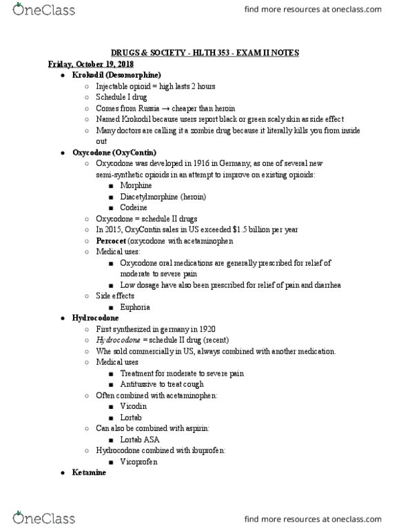 HLTH 353 Lecture Notes - Lecture 19: Hydrocodone, Desomorphine, Oxycodone thumbnail