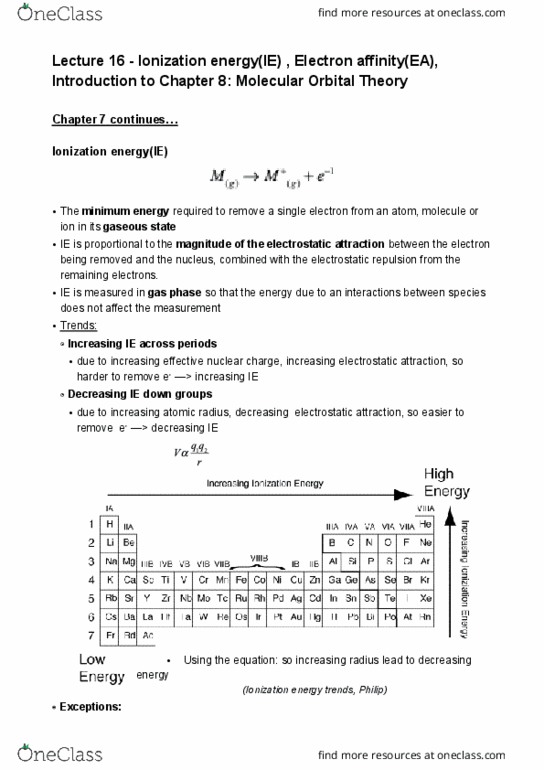 CHEM 121 Lecture Notes - Lecture 16: Effective Nuclear Charge, Electron Affinity, Atomic Radius cover image