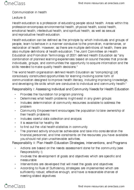 400732 Lecture Notes - Lecture 6: Health Education, Health Literacy, Environmental Health thumbnail