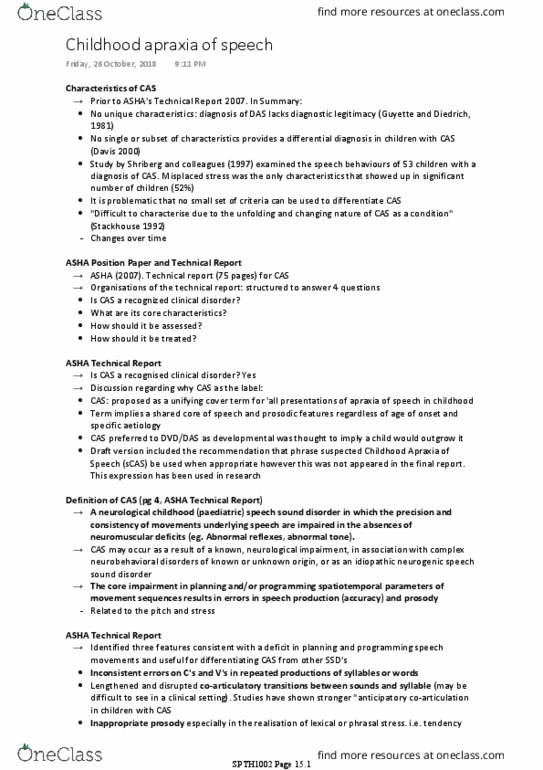 SPTH1002 Lecture Notes - Lecture 12: Speech Sound Disorder, Technical Report, Differential Diagnosis thumbnail