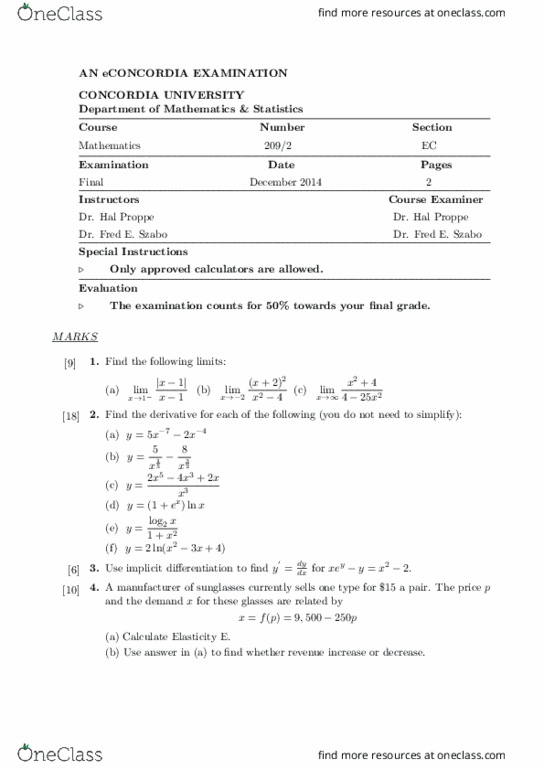 MATH 209 Final: MATH 209 Final Exam December 2014 With Solution - OneClass