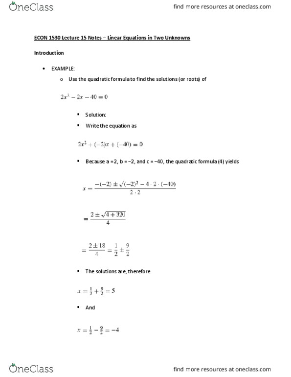 ECON 1530 Lecture Notes - Lecture 15: Quadratic Function cover image