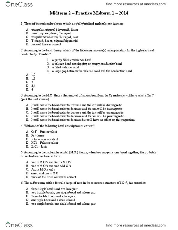 CHEM 110 Study Guide - Fall 2018, Midterm - Molecular Orbital Theory Sns-Brigh10