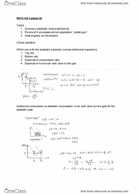 PHYS 157 Lecture Notes - Lecture 16: Adiabatic Process, Isothermal Process, Spud Gun cover image