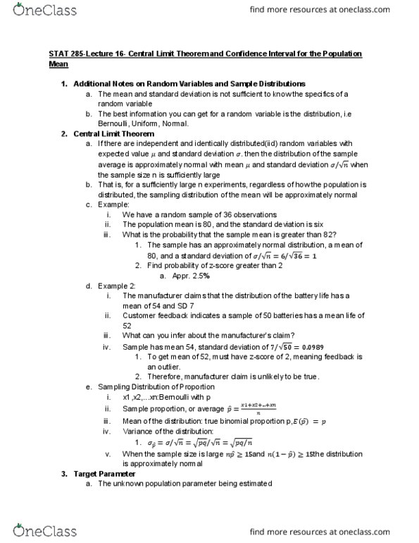 01:960:285 Lecture Notes - Lecture 16: Central Limit Theorem, Confidence Interval, Normal Distribution cover image