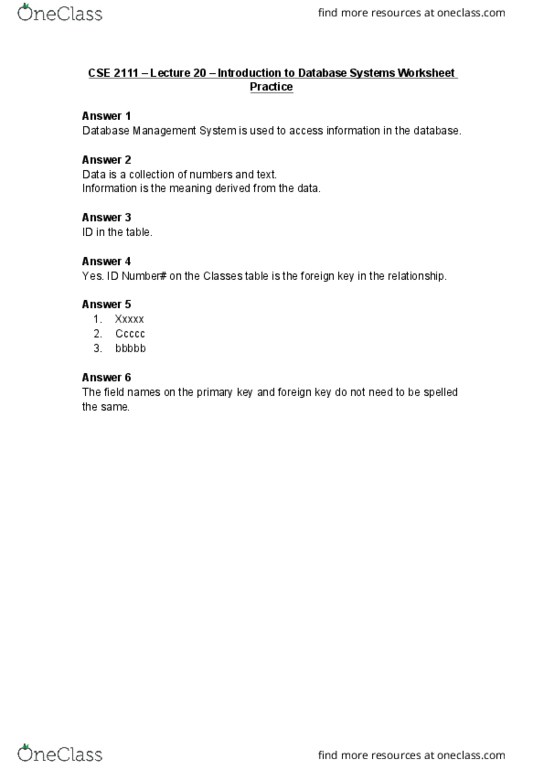 CSE 2111 Lecture Notes - Lecture 20: Database, Foreign Key, Unique Key cover image