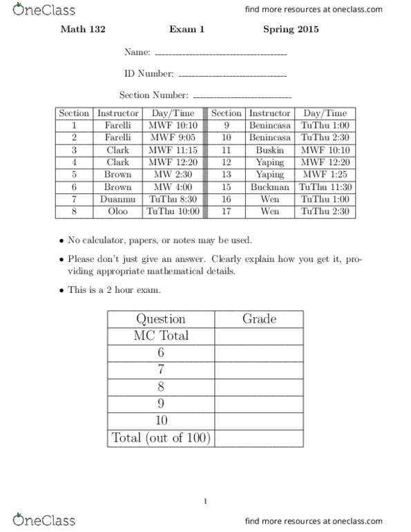 MATH 132 Midterm: MATH132 Exam 1 2015 Spring Solution - OneClass