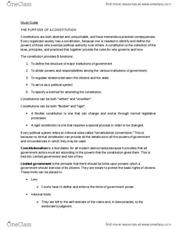 POL 101W Chapter Notes -Limited Government, Legislature, Constitutionalism thumbnail