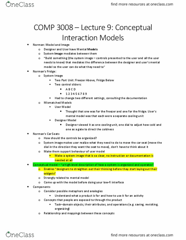 COMP 3008 Lecture Notes - Lecture 9: System Image, Interface Metaphor, Mental Models thumbnail