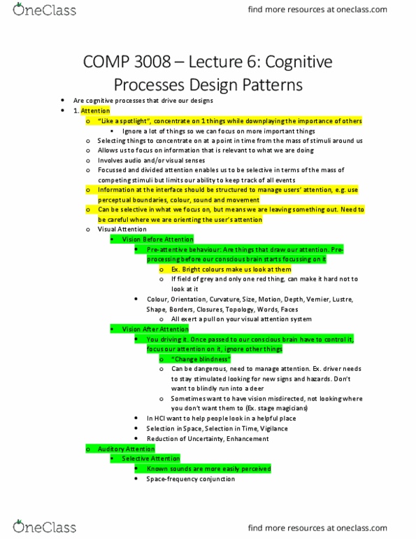 COMP 3008 Lecture Notes - Lecture 6: Color Vision, Change Blindness, Diminishing Returns thumbnail
